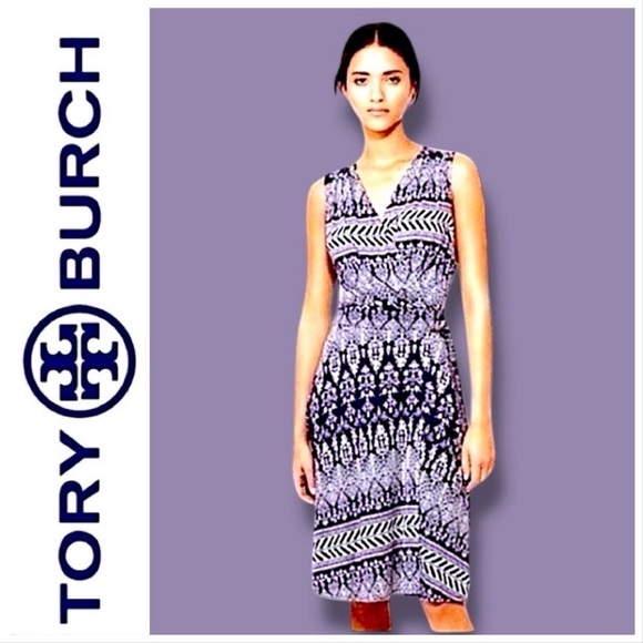 TORY BURCH Silk Blend Wrap Dress Ivory & Purple Tribal Print SZ Sm Petite - Picture 9 of 9